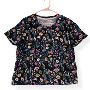Joyspun Pajama Top Womens L Large 12/14 Multicolor Floral On Black Short Sleeves
